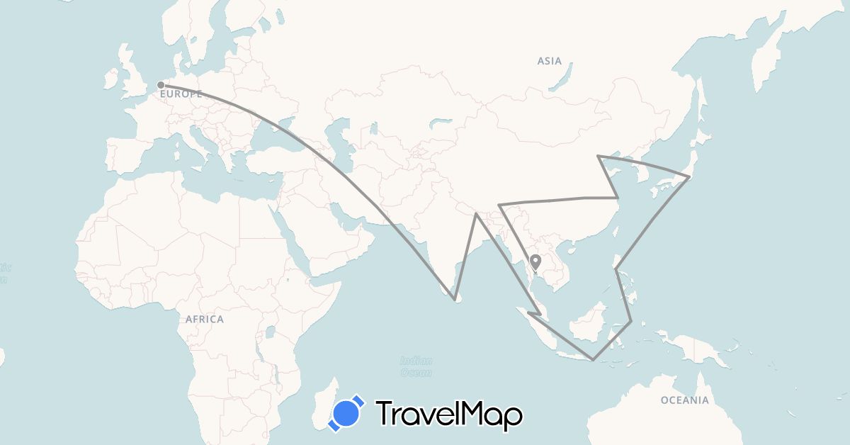 TravelMap itinerary: driving, plane in China, Indonesia, Japan, Sri Lanka, Myanmar (Burma), Malaysia, Netherlands, Nepal, Philippines, Thailand (Asia, Europe)